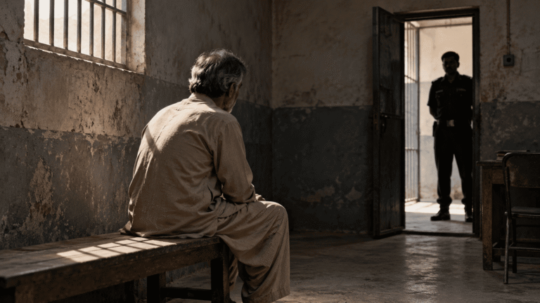 Symbolic illustration of a man seated in a police holding room with an officer standing in the doorway.