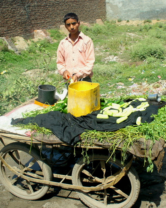Boy selling salted cucumber in a village 001