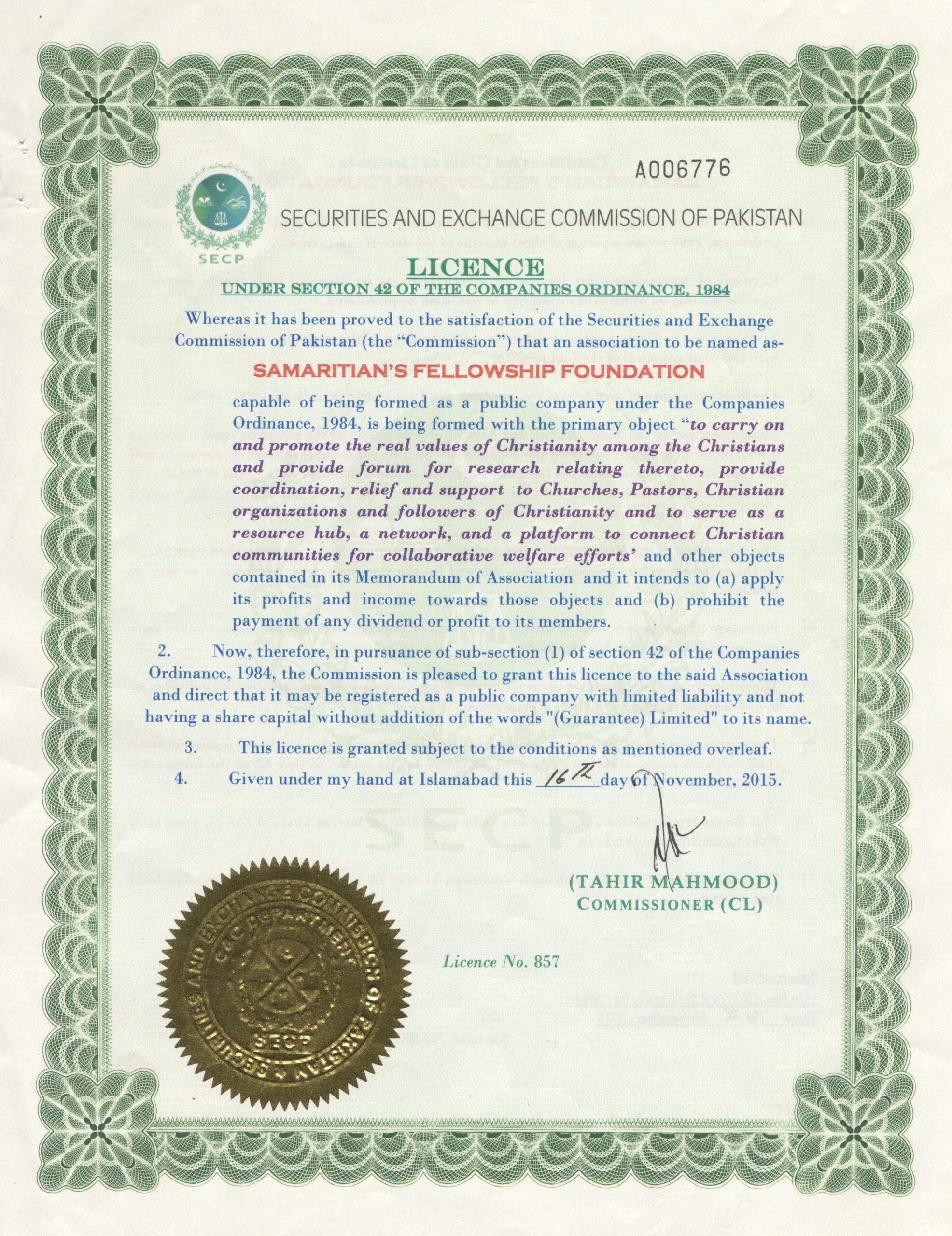 Licence of Samaritan's Fellowship Foundation