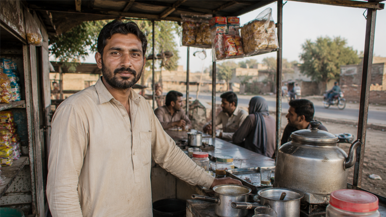 Pakistani man operating a small tea stall business, generating sustainable income to support his family and escape poverty