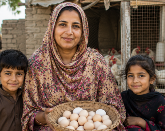 Pakistani woman holding fresh eggs from her poultry business with her children, demonstrating how sustainable livelihoods help families escape poverty through small-scale poultry farming.
