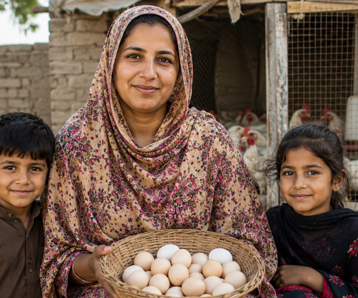 Pakistani woman holding fresh eggs from her poultry business with her children, demonstrating how sustainable livelihoods help families escape poverty through small-scale poultry farming.