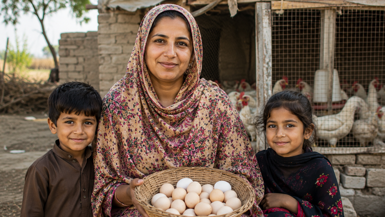 Pakistani woman holding fresh eggs from her poultry business with her children, demonstrating how sustainable livelihoods help families escape poverty through small-scale poultry farming.