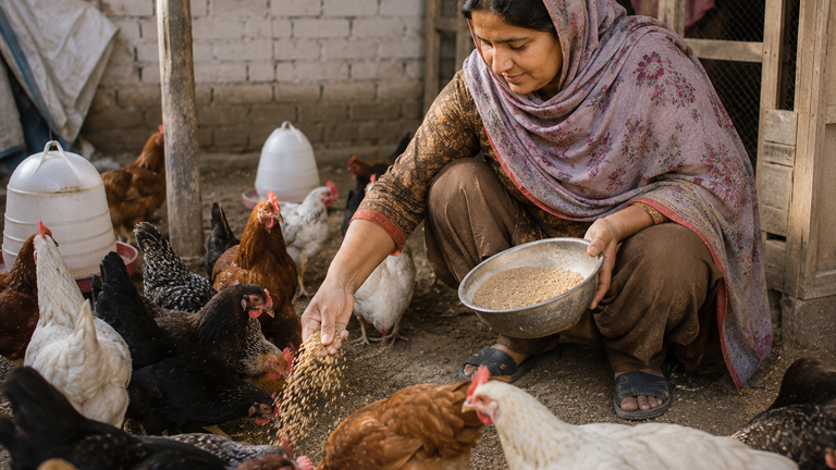 Pakistani woman caring for chickens on her small poultry farm, creating sustainable income through poultry farming to help her family escape poverty