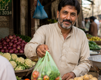Pakistani vegetable vendor serving customers at his small grocery business, creating sustainable income to help his family escape poverty