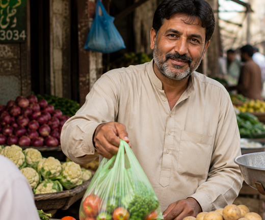 Pakistani vegetable vendor serving customers at his small grocery business, creating sustainable income to help his family escape poverty