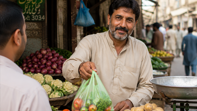 Pakistani vegetable vendor serving customers at his small grocery business, creating sustainable income to help his family escape poverty