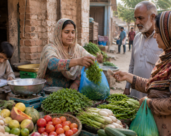 Woman running a small vegetable business through the StartFish livelihood initiative in Pakistan.