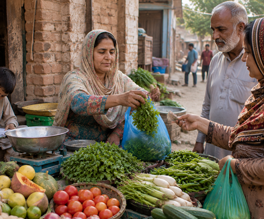 Woman running a small vegetable business through the StartFish livelihood initiative in Pakistan.