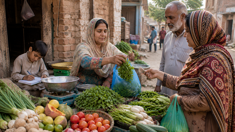 Woman running a small vegetable business through the StartFish livelihood initiative in Pakistan.