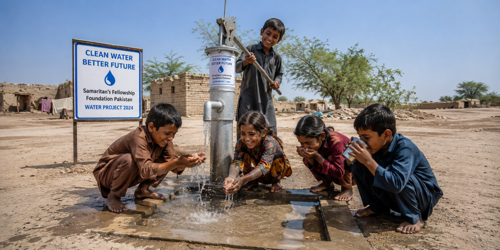 Children drinking clean water from a community water well installed through the End Water Crisis initiative in Pakistan.