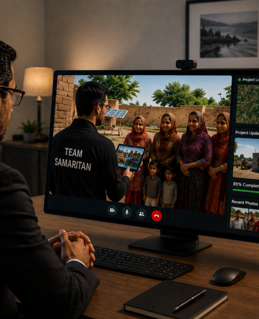A donor remotely monitoring a Samaritan's Fellowship field project through a live video call with a Team Samaritan field officer, demonstrating transparency, accountability, and real-time project updates.