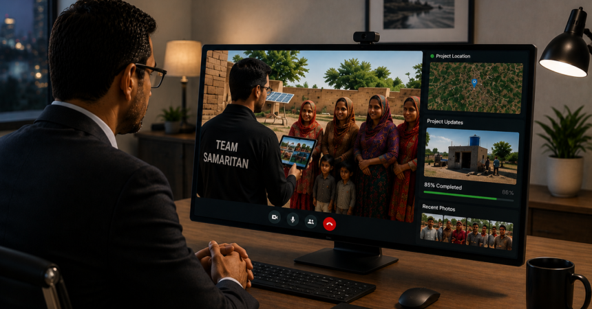 A donor remotely monitoring a Samaritan's Fellowship field project through a live video call with a Team Samaritan field officer, demonstrating transparency, accountability, and real-time project updates.