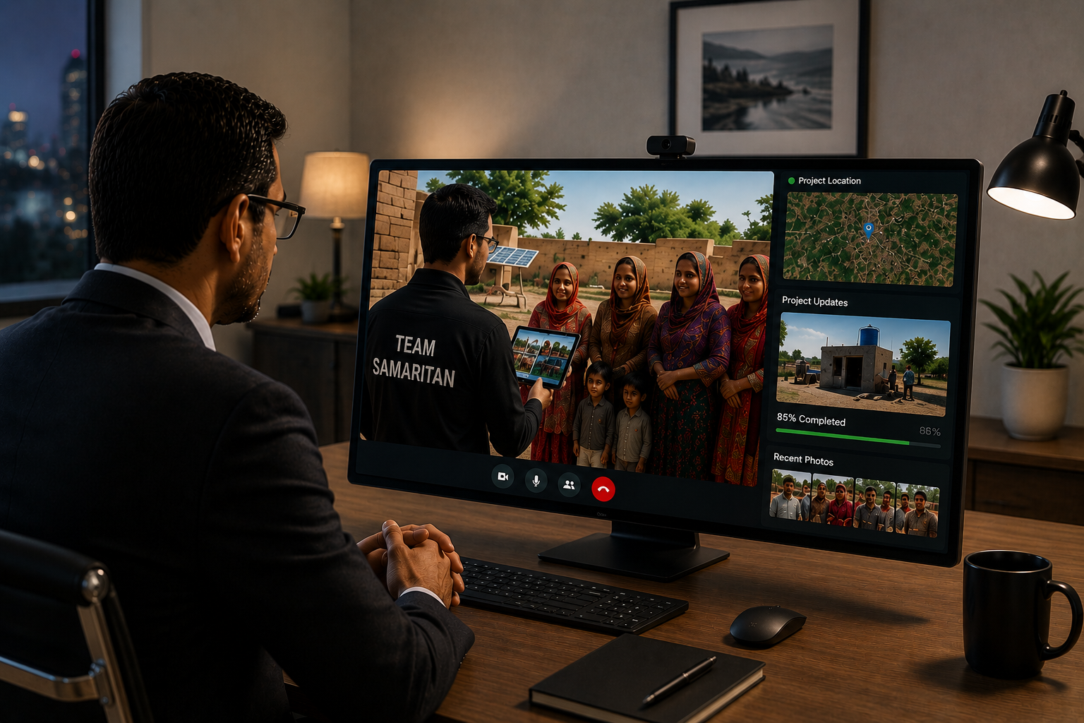 A donor remotely monitoring a Samaritan's Fellowship field project through a live video call with a Team Samaritan field officer, demonstrating transparency, accountability, and real-time project updates.