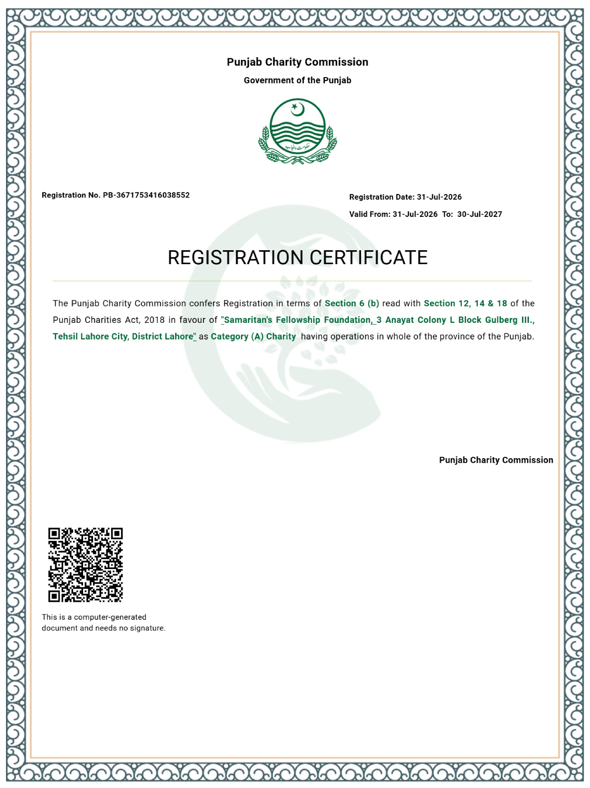 Samaritans Fellowship Foundation Registration with Punjab Charities Commission