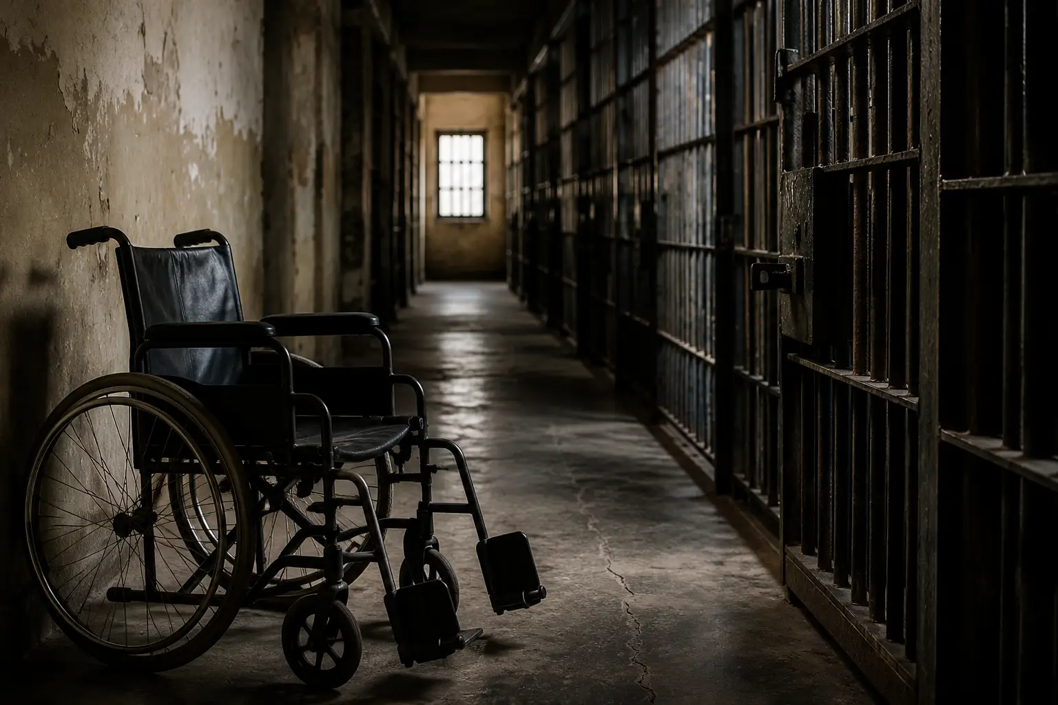 Empty wheelchair in a prison setting representing the Tahir Iqbal blasphemy case in Lahore