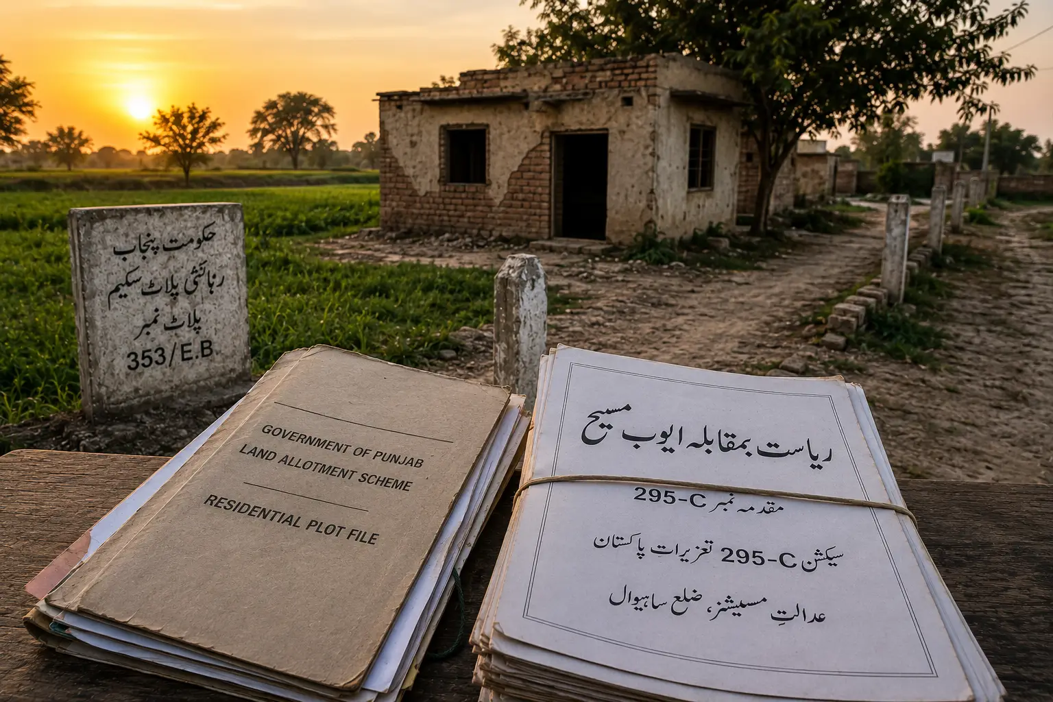 Rural Punjab land and legal papers symbolizing the Ayub Masih blasphemy case