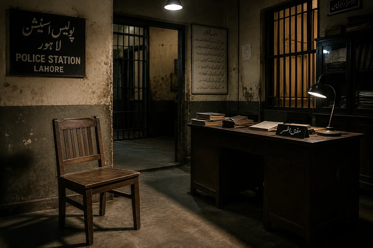 Empty police station room symbolizing the Bantu Masih blasphemy case in Lahore