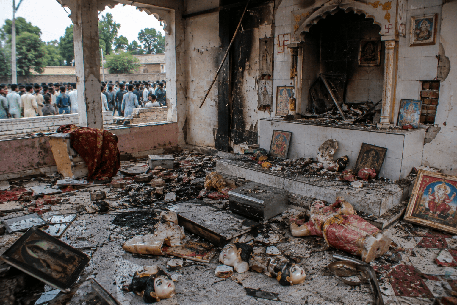 Damaged Hindu temple symbolizing the 2021 Bhong temple attack