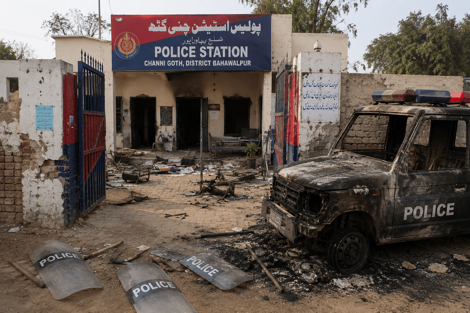 Damaged police station symbolizing the 2012 Channi Goth blasphemy lynching in Bahawalpur