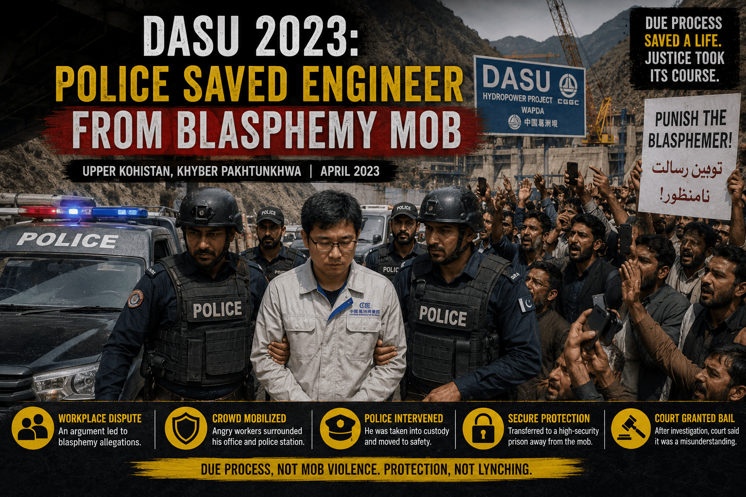 Police protecting an accused engineer during the 2023 Dasu blasphemy case