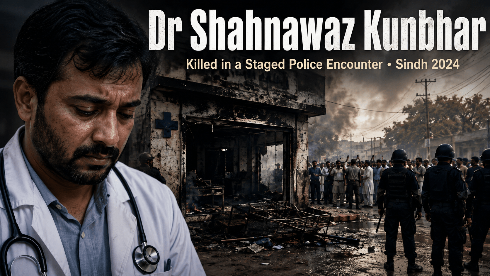Police and protest scene symbolizing the 2024 killing of Dr Shahnawaz Kunbhar