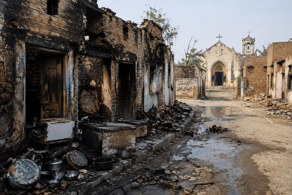 Burned Christian homes symbolizing the 2009 Gojra violence in Punjab