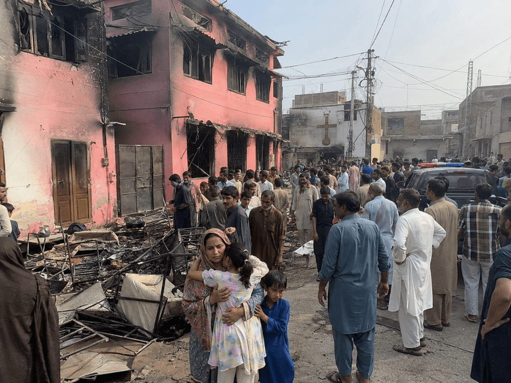 Burned church and Christian homes symbolizing the 2023 Jaranwala attacks