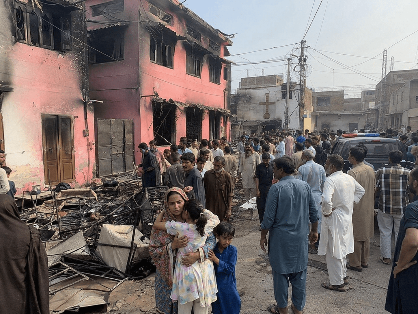 Burned church and Christian homes symbolizing the 2023 Jaranwala attacks