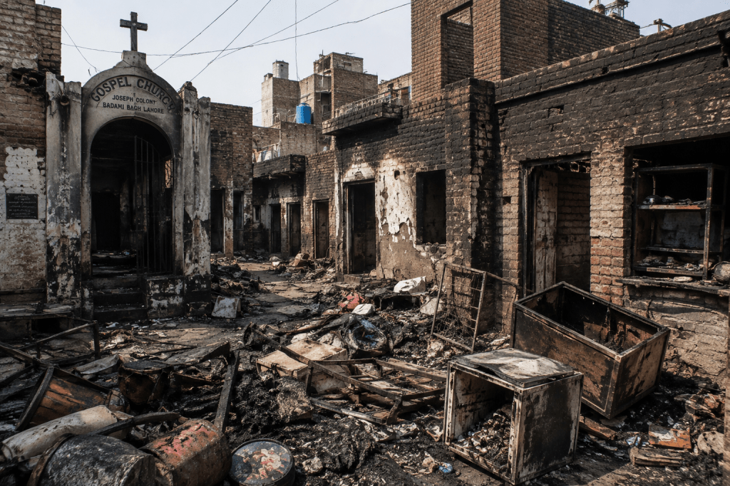 Burned Christian homes symbolizing the 2013 Joseph Colony attack in Lahore