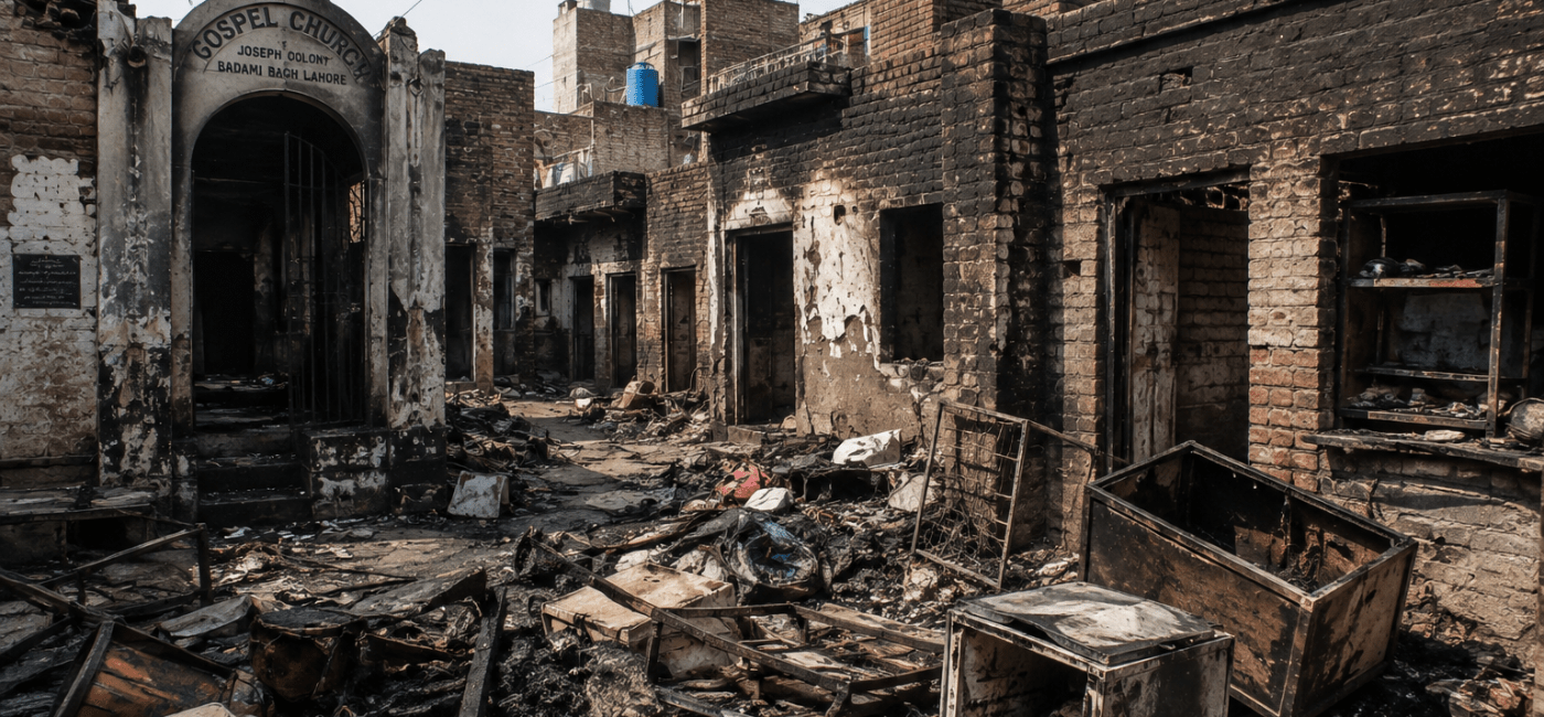 Burned Christian homes symbolizing the 2013 Joseph Colony attack in Lahore