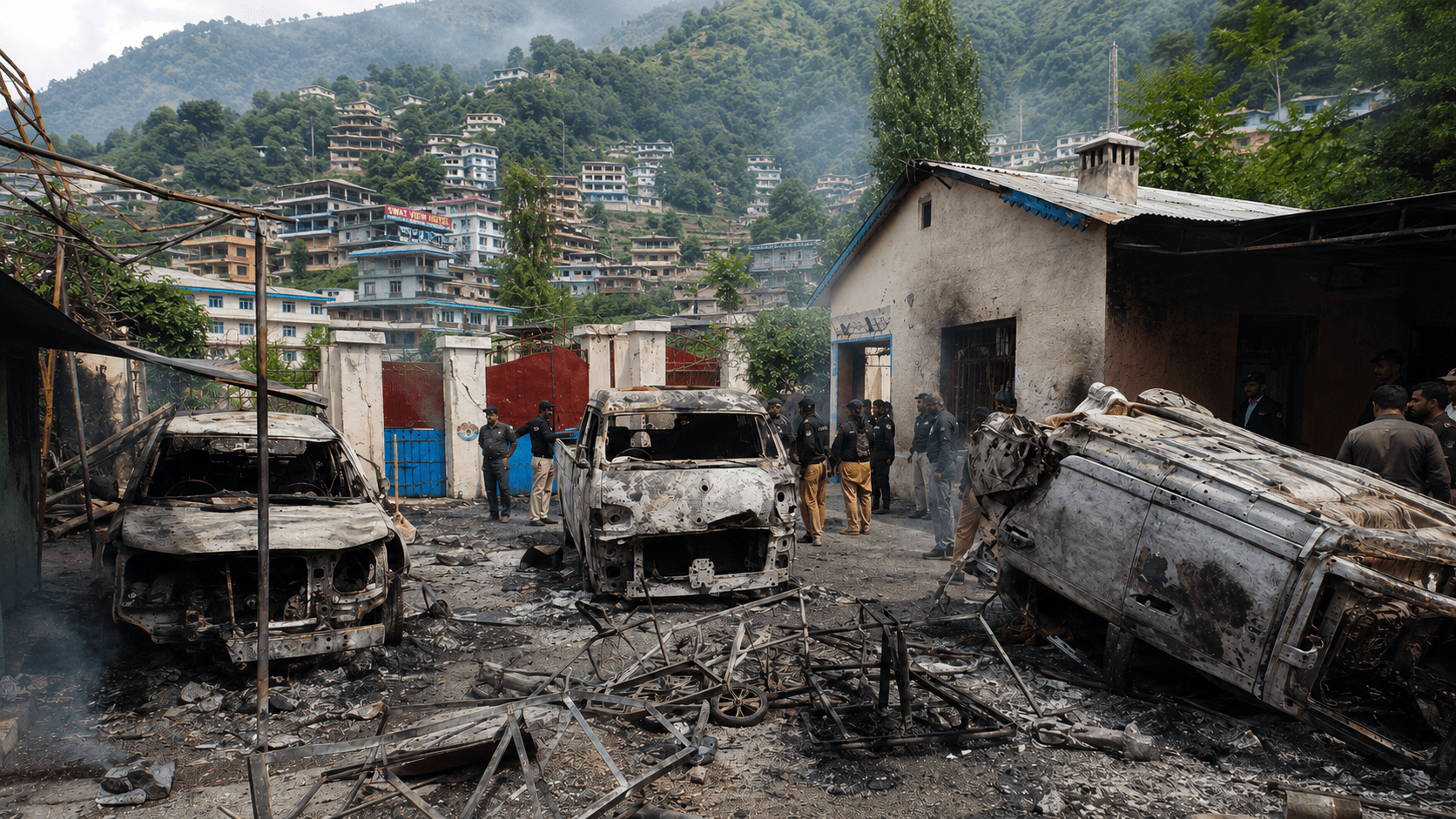 Damaged police station symbolizing the June 2024 Madyan lynching in Swat