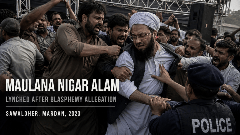 Political rally and mob scene symbolizing the 2023 lynching of Maulana Nigar Alam in Mardan
