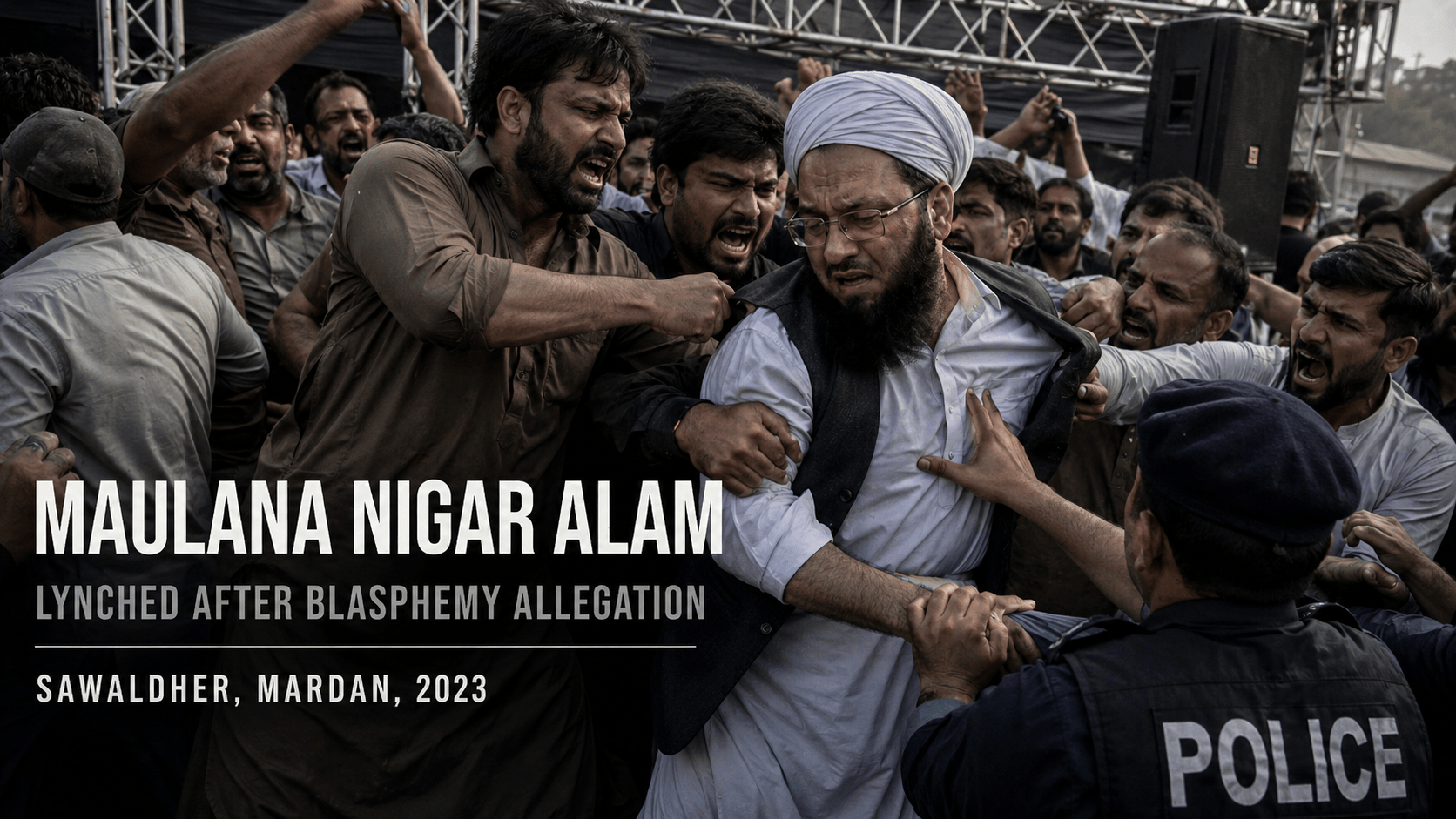 Political rally and mob scene symbolizing the 2023 lynching of Maulana Nigar Alam in Mardan