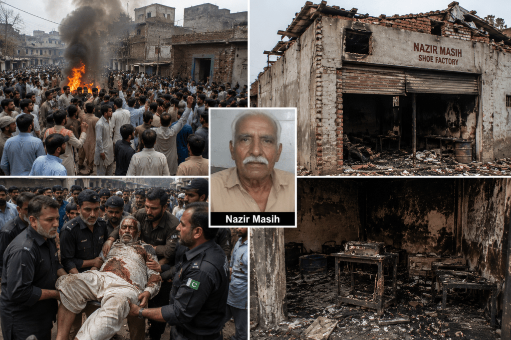 Burned shoe factory and Christian neighbourhood symbolizing the 2024 Sargodha attack on Nazir Masih
