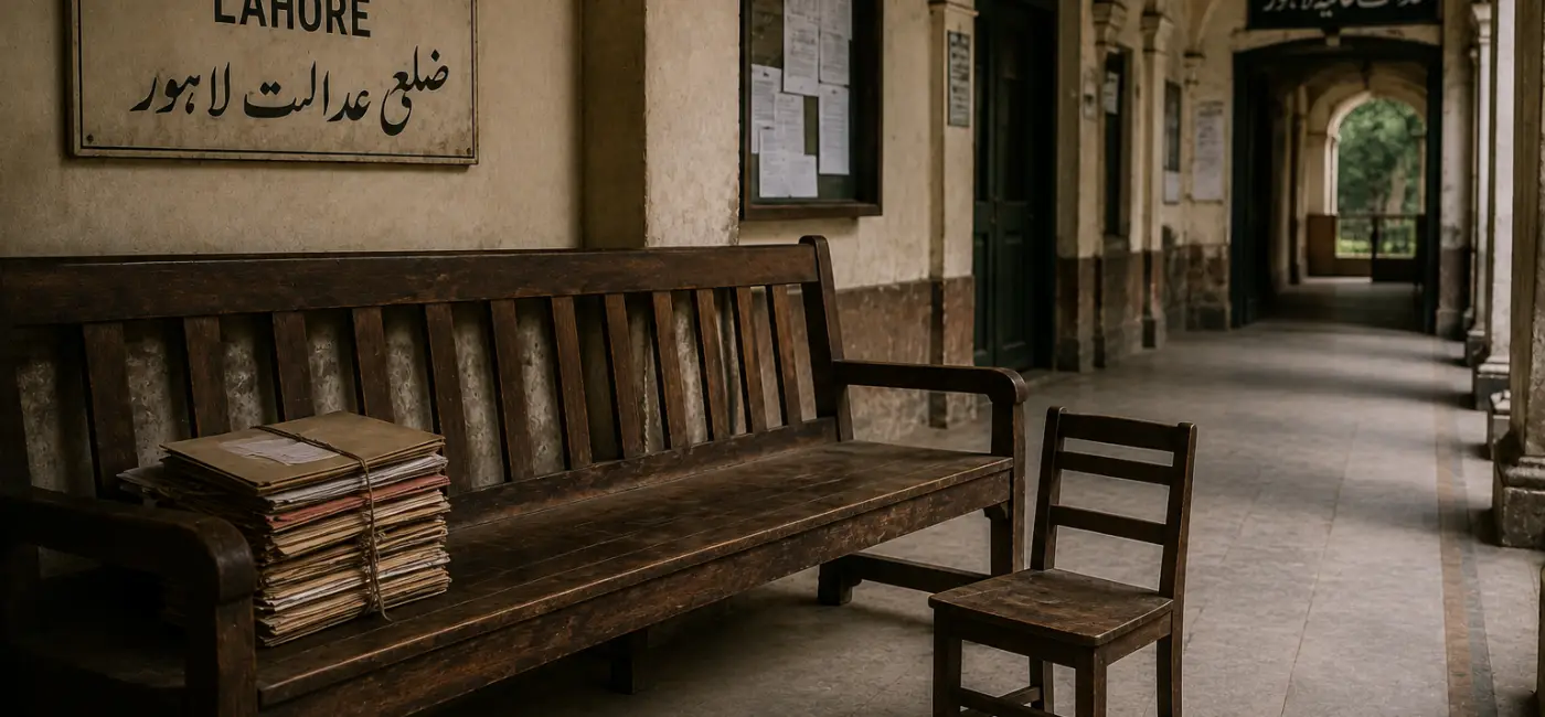 Empty courthouse bench symbolizing the Salamat Masih blasphemy case in Pakistan