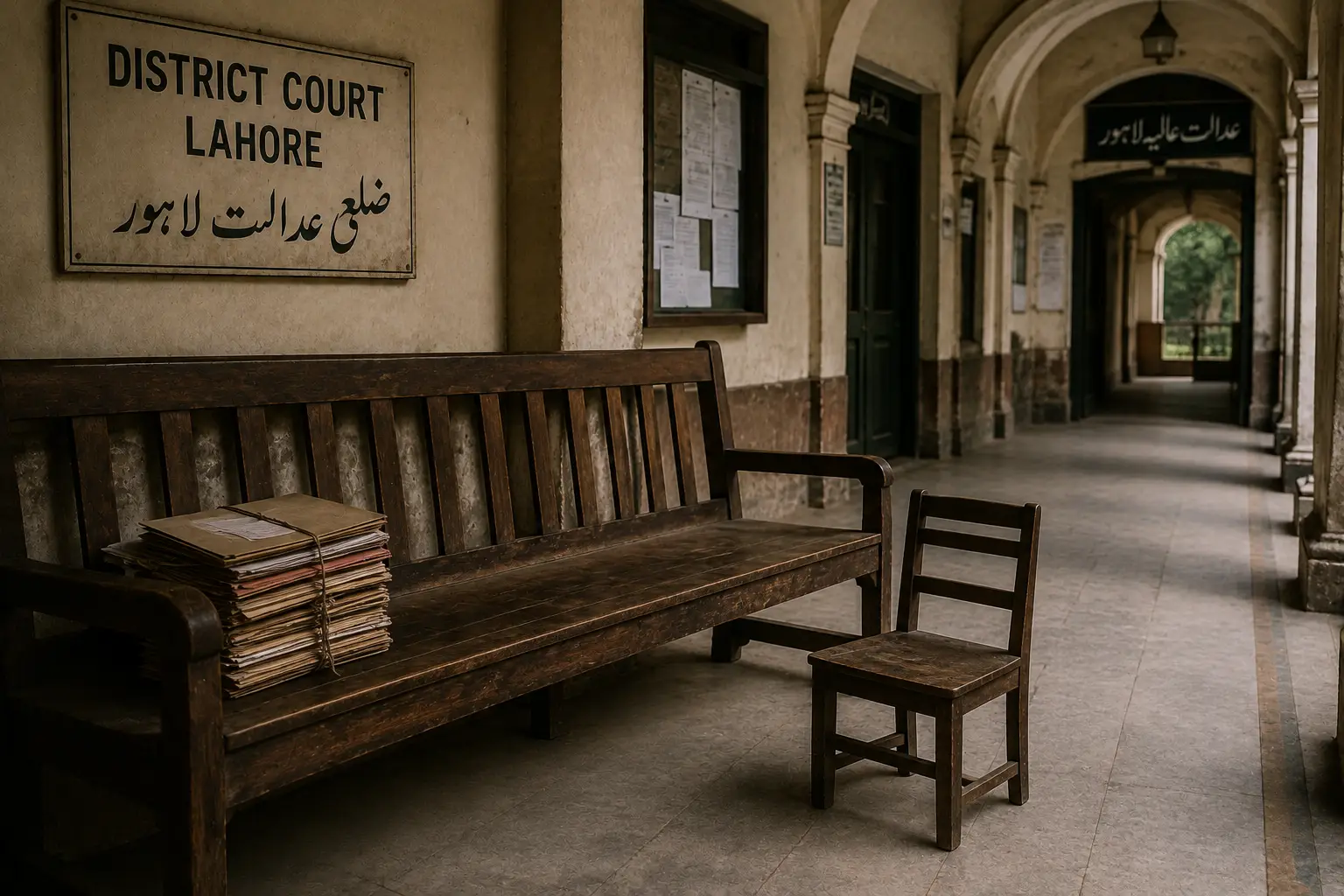 Empty courthouse bench symbolizing the Salamat Masih blasphemy case in Pakistan