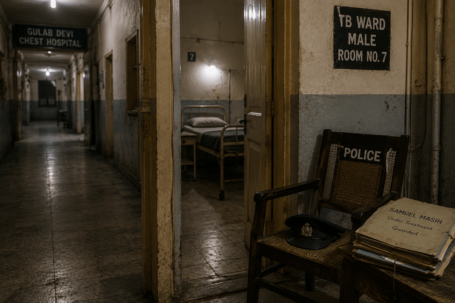 Empty hospital room and police guard chair symbolizing the Samuel Masih blasphemy case in Lahore