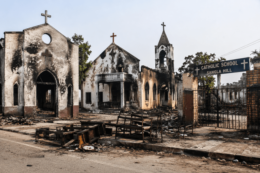 Damaged church buildings symbolizing the 2005 Sangla Hill attacks in Punjab