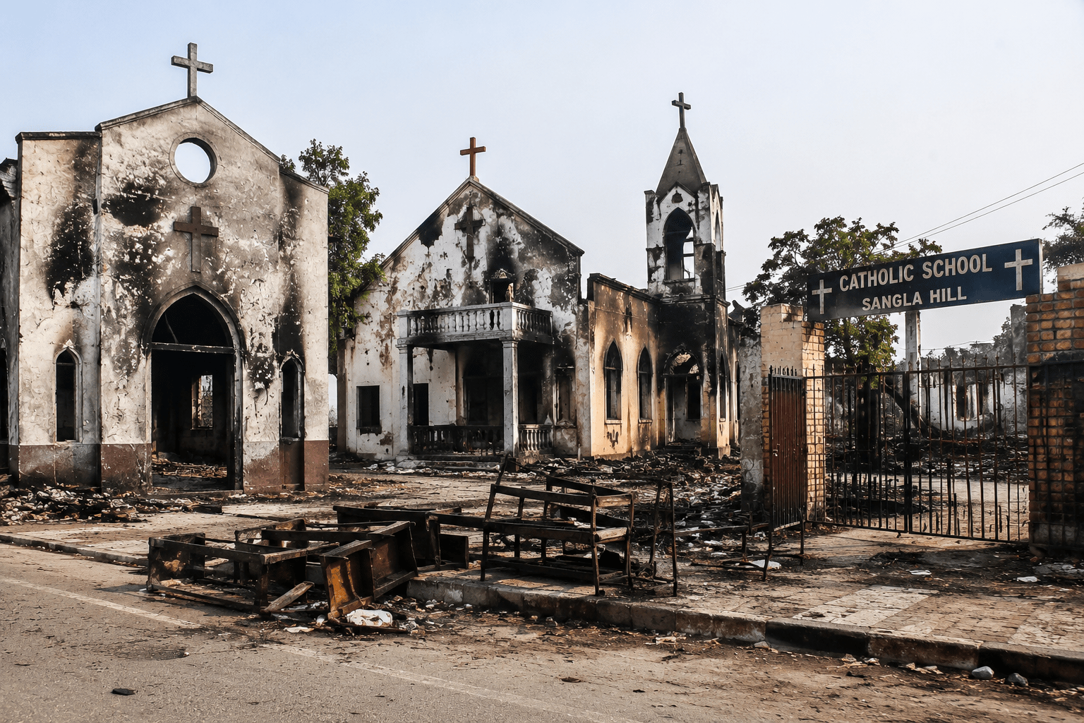 Damaged church buildings symbolizing the 2005 Sangla Hill attacks in Punjab