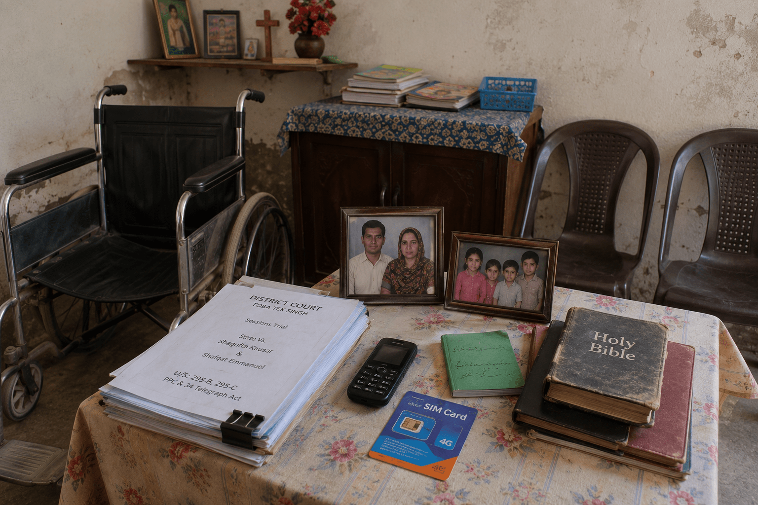 Wheelchair and mobile phone symbolizing the Shagufta Kausar and Shafqat Emmanuel blasphemy case