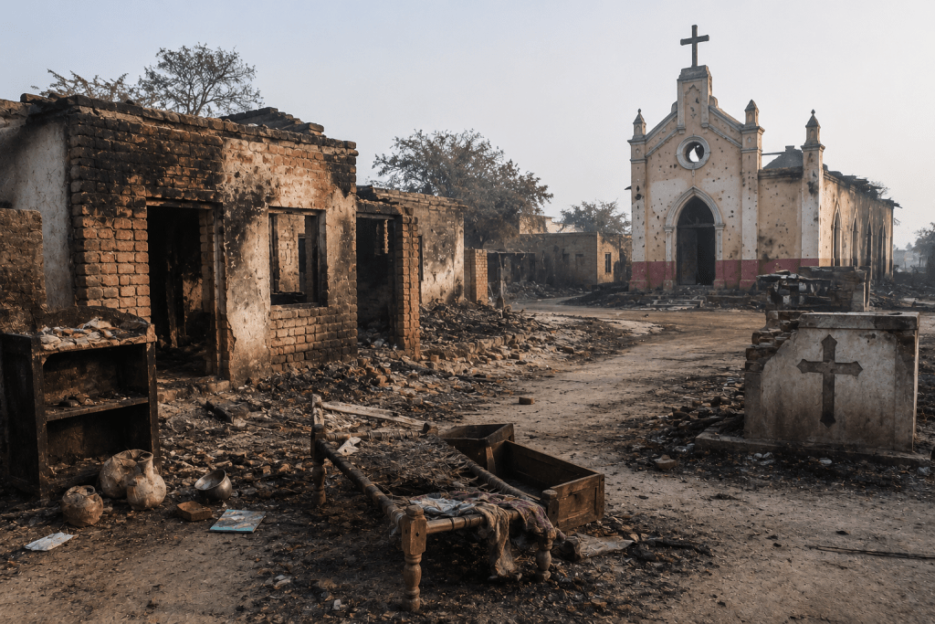 Damaged village homes symbolizing the 1997 Shanti Nagar attack on a Christian community in Punjab