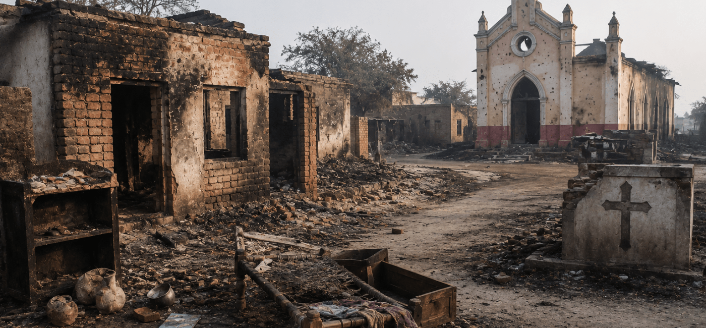 Damaged village homes symbolizing the 1997 Shanti Nagar attack on a Christian community in Punjab