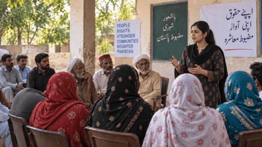 Samaritan’s Fellowship community rights awareness session with a young trainer speaking to marginalized community members in Pakistan