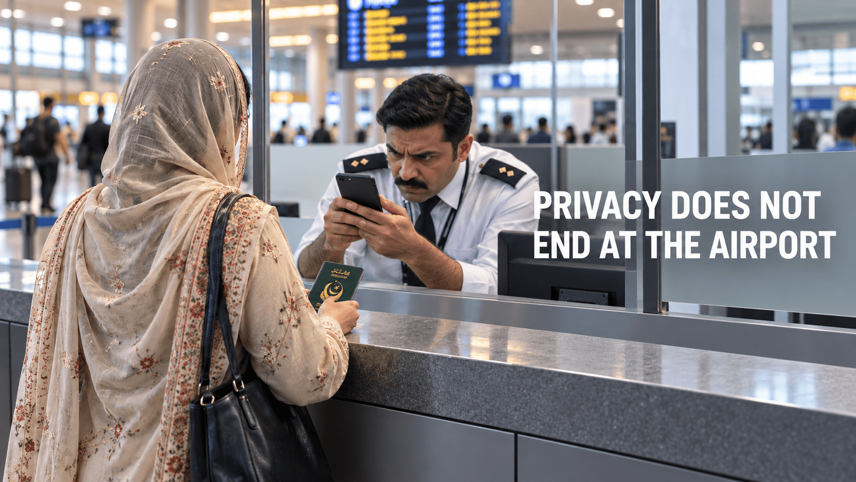 Pakistani woman traveller at an airport immigration counter with her smartphone representing privacy concerns over FIA mobile phone checks
