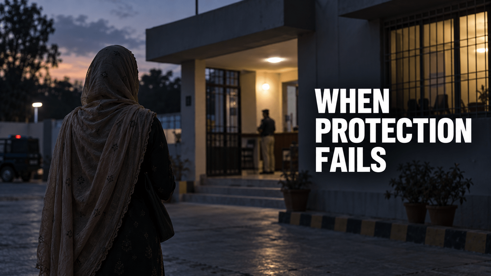 Woman standing outside a Pakistani police station representing alleged abuse of authority and the failure of institutional protection