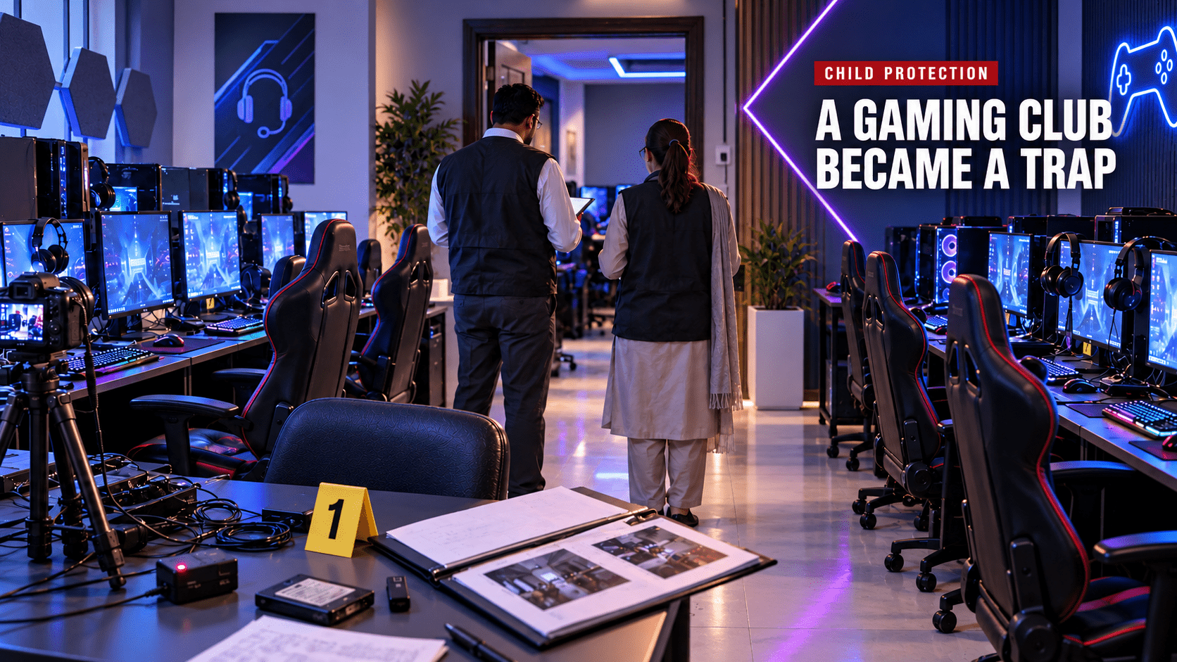 illustration of investigators examining equipment in a modern gaming lounge for a Muzaffargarh child protection story.