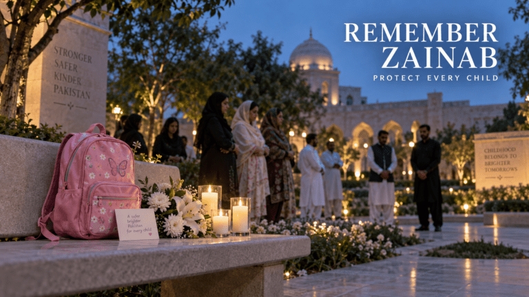Pink school backpack, flowers and candles beside a solemn gathering, with the message Remember Zainab, Protect Every Child.