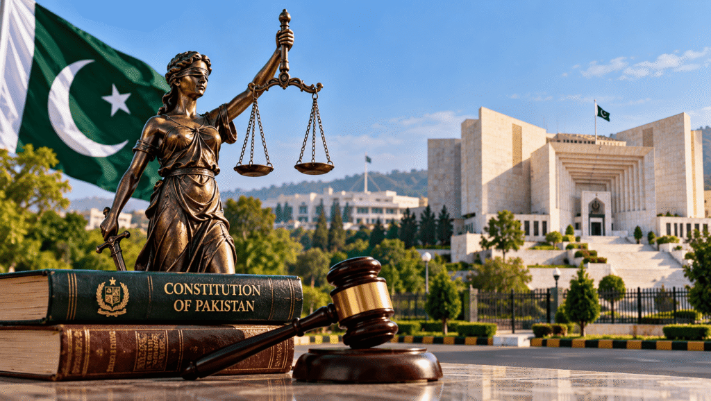 Symbolic illustration of Lady Justice, the Constitution of Pakistan, a judge’s gavel, Pakistan’s national flag and the Supreme Court building, representing justice and the rule of law.