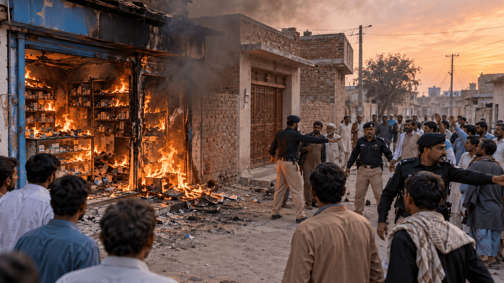 AI-generated illustration of a burning pharmacy interior beside a brick home, with police holding back a crowd.